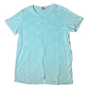 Sun Casuals Vintage Terry MuuMuu / Coverup Zip Up Turquoise Size XL Palm Tree
